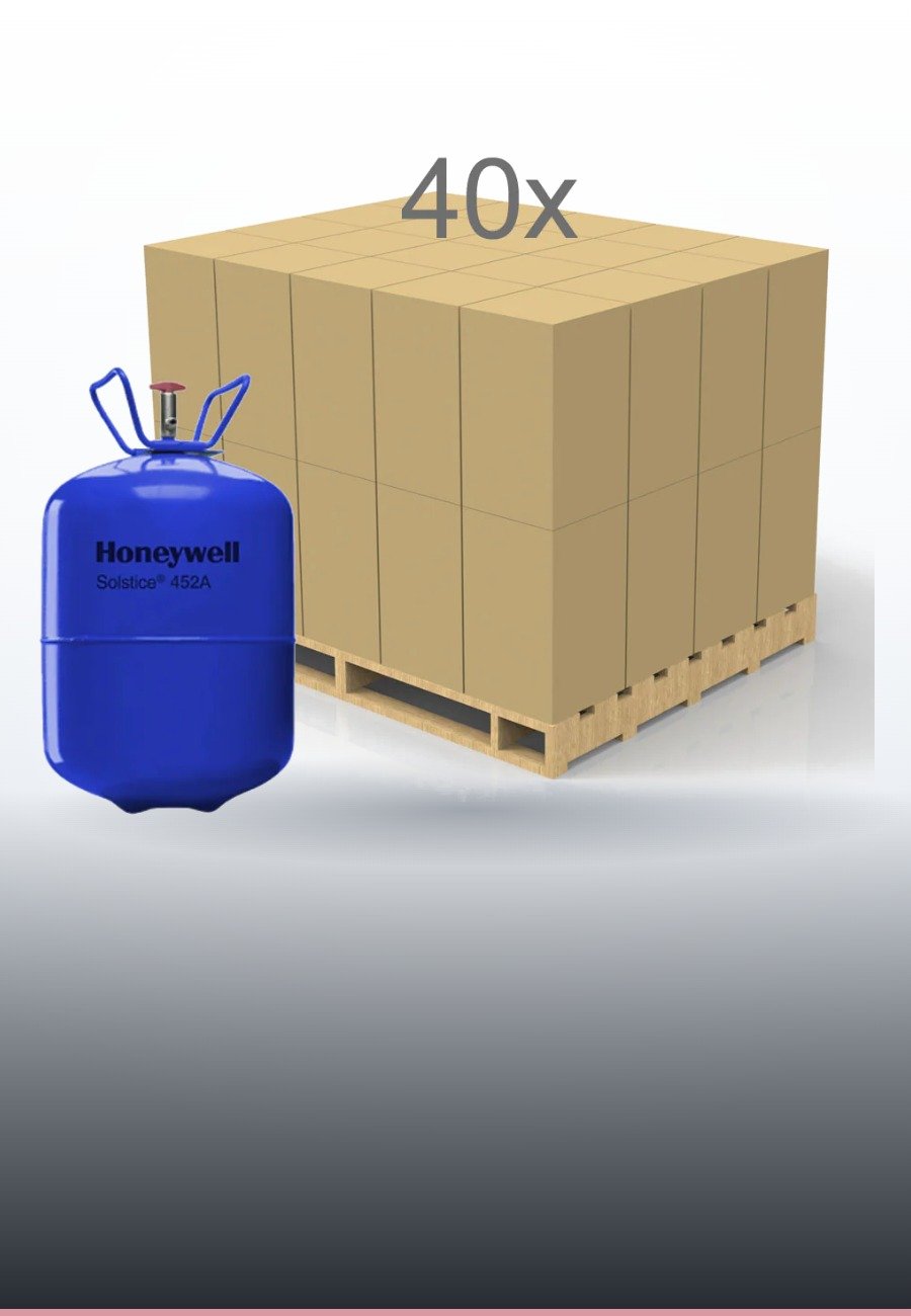 Full pallet of refrigerant cylinders with a single cylinder in front